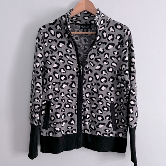 Rachel Zoe Black White Gray Leopard Full Zip Up Mock Neck Knit Cardigan - Picture 1 of 11